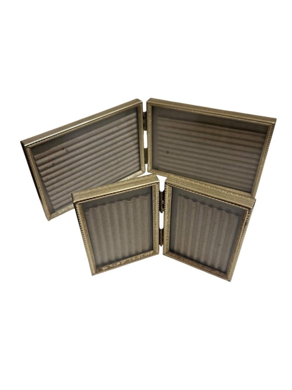 Gold Hinged Miniature Double Picture Frame Set With Ribbed Backing - Vintage Sty